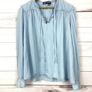 DKNY Jeans Ruffle Neck Chambray Long Sleeve‎ Top Sz Small